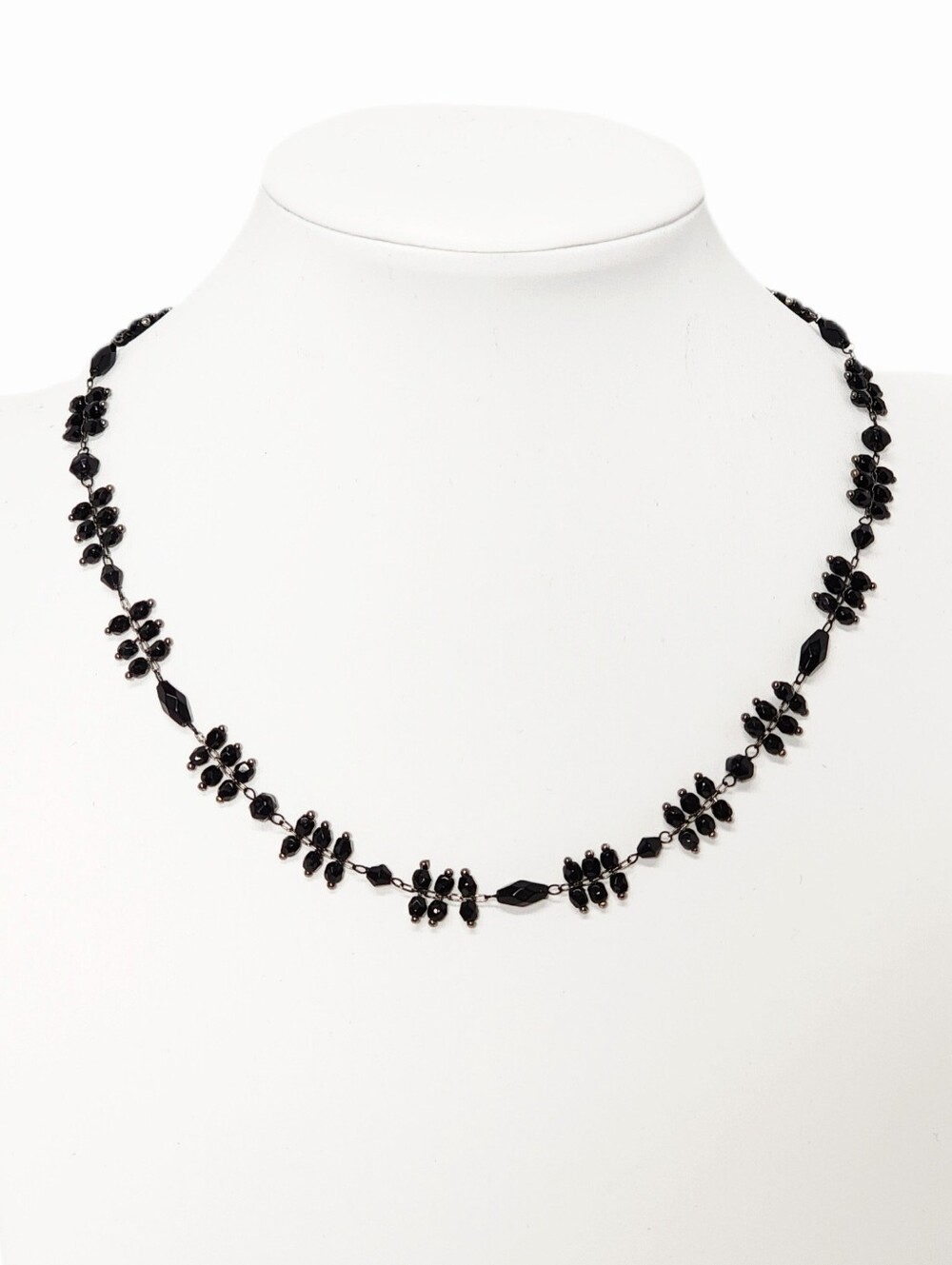Delicate Faceted Black Beaded Gunmetal Chain Necklace